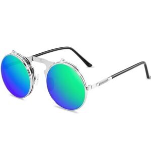 NEW Steampunk Flip Sunglasses Retro Round Metal Sunglasses Unisex Silver Green